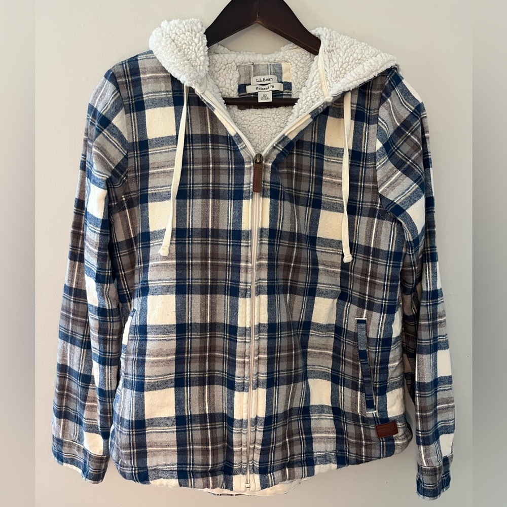 L.L. Bean Scotch Plaid Flannel Sherpa Lined Zip Up Hoodie